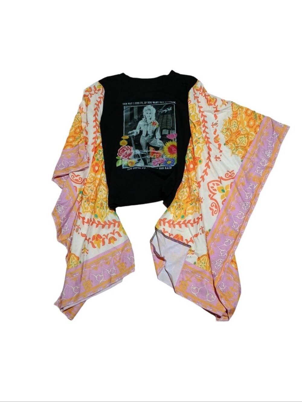 Vintage-Inspired Dolly Parton Graphic Kimono Top Floral Boho Y2K Size S
